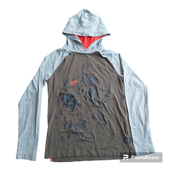 TONY Hawk Boys Large (10-12) Long Sleeved Grey/Army Green Dinosaur Shirt Hoodie - Picture 1 of 6